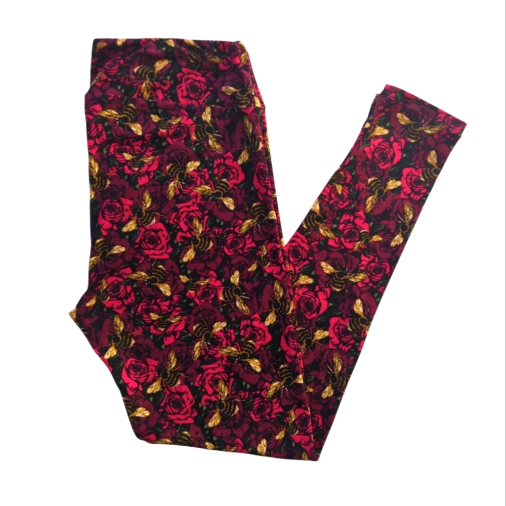 LuLaRoe Floral Bumble Bee Leggings Tall & Curvy Pink Red Purple